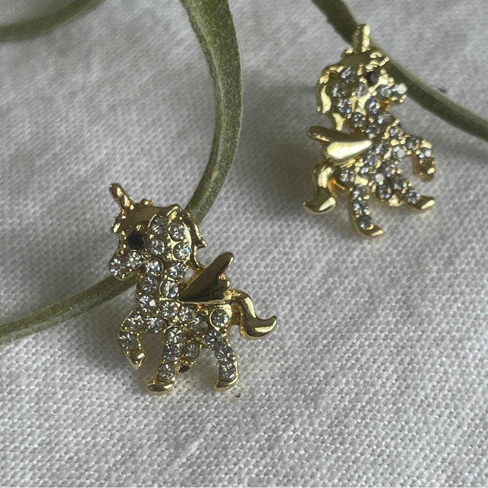 🌟 Buy 2 Pairs, Get One Free, NWT Gold-Plated Rhinestone Unicorn Stud Earrings